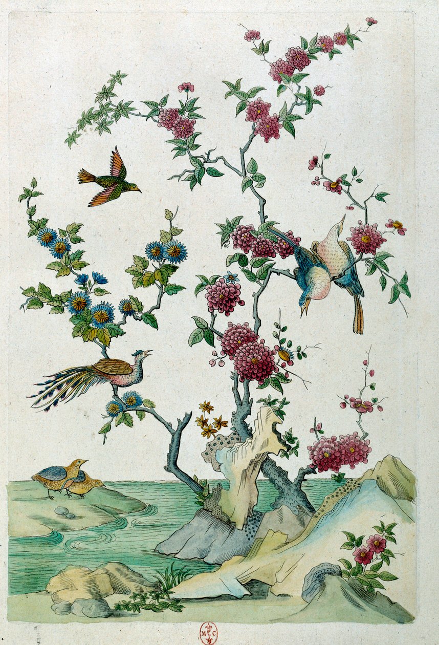 Piirustus kiinalaisesta maljakosta: lintuja ja kukkia. Jean Antoine Fraissen maalaus (1700-luku) tekijältä Jean Antoine Fraisse