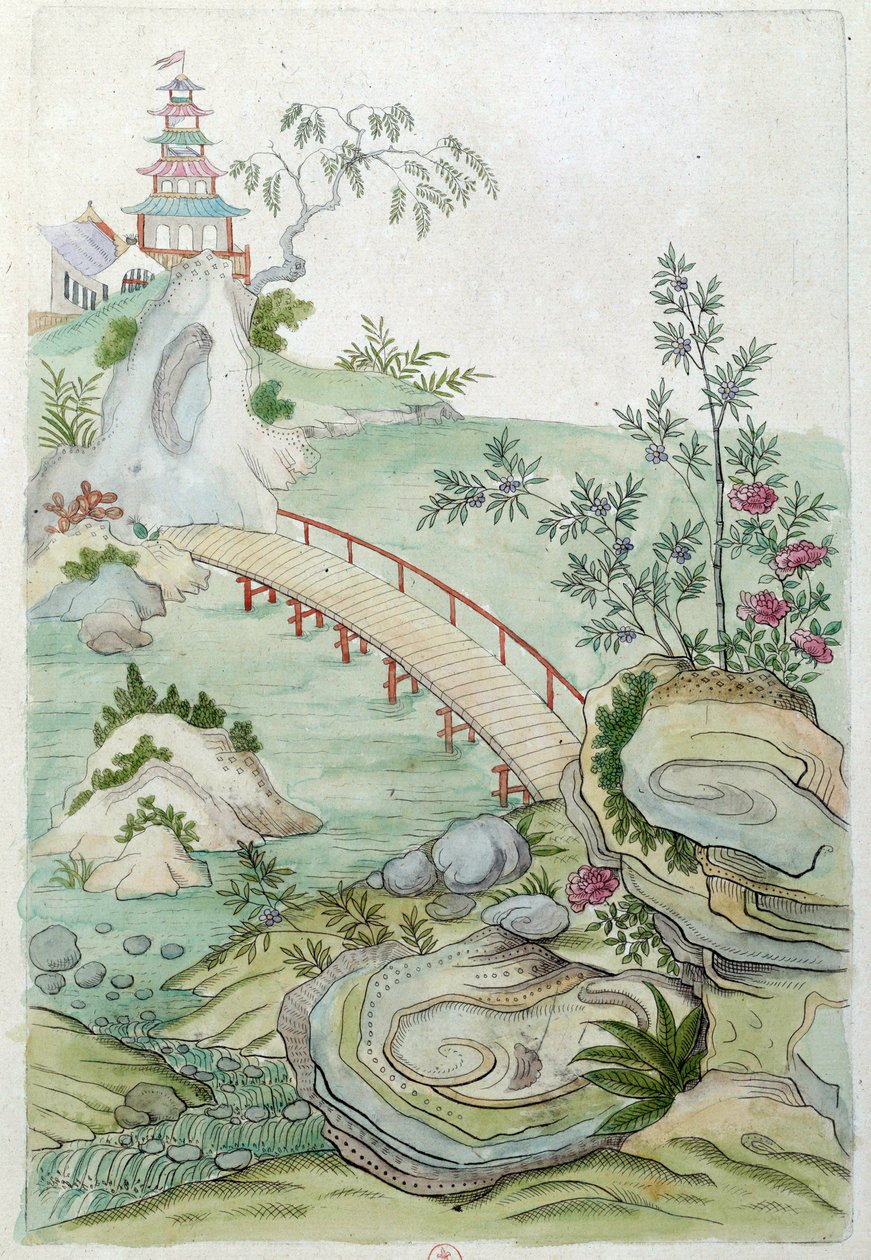 Piirustus kiinalaisesta maljakosta: maisema sillalla. Jean Antoine Fraissen maalaus (1700-luku) tekijältä Jean Antoine Fraisse