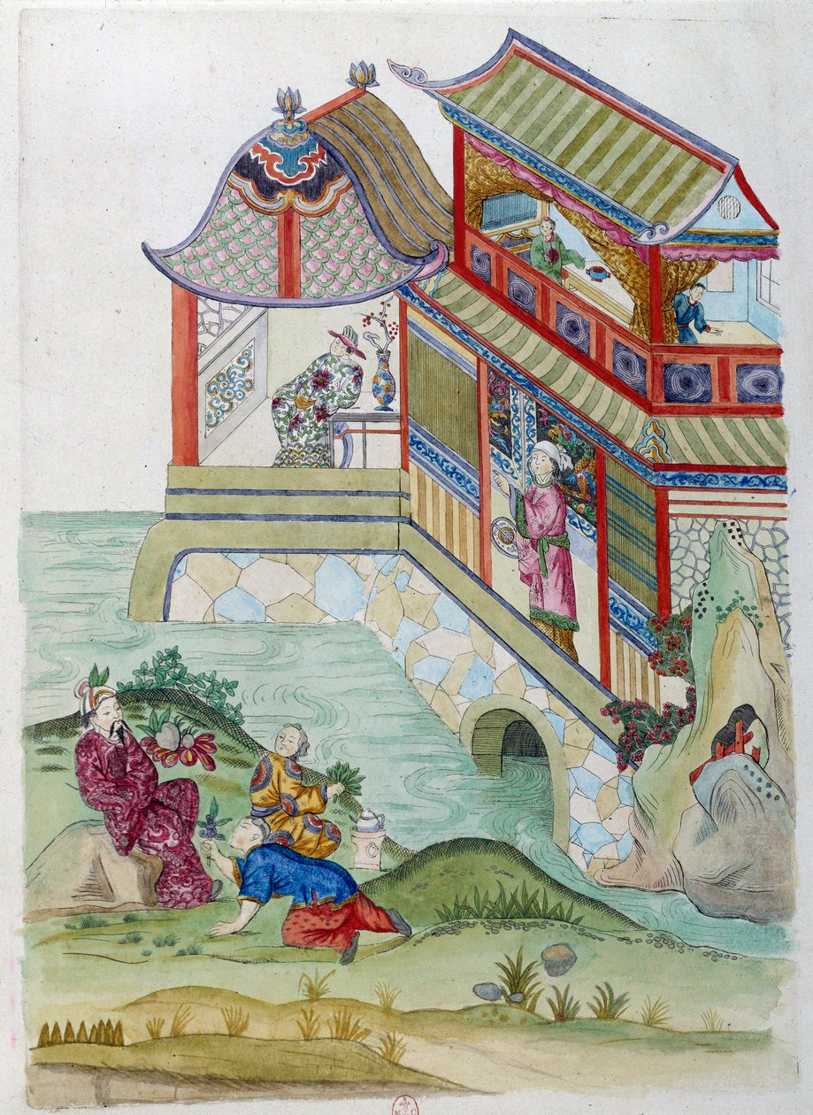 Talo joen rannalla. Piirustus on peräisin kiinalaisesta maljakosta. Jean Antoine Fraissen maalaus (1700-luku) tekijältä Jean Antoine Fraisse