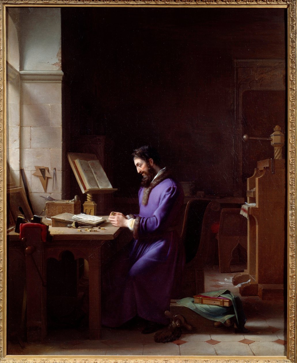 Johannes Gensfleisch Gutenberg (1400-1468) keksi painokoneen Saksalainen kirjapaino on toimistossaan hahmoja käsittelevä edustaja. Jean Antoine Laurentin (1763-1832) maalaus 1830 Grenoble, Musee des Beaux Arts tekijältä Jean Antoine Laurent