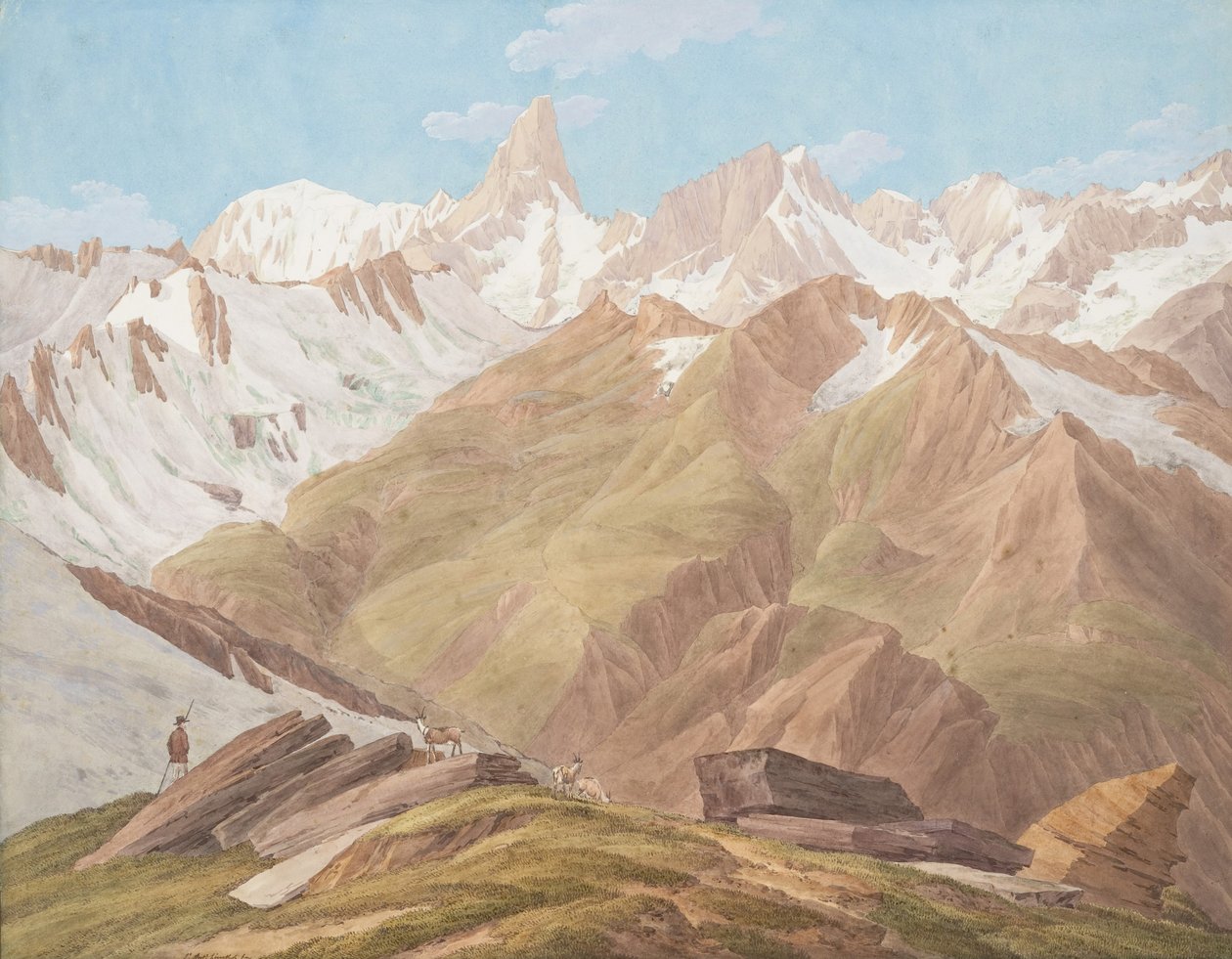Näkymä Mont Blanc -vuorelle lähellä Petit Jorassea, Grand Jorasse,..., 1700-1800-luvun loppu tekijältä Jean Antoine Linck