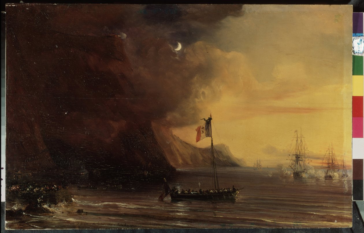 ""Napoleon I:n ruumiin kotiuttaminen Ranskaan Sainte-Helenen saarelta (Sainte Helena) joulukuussa 1840 La Belle Poulella" (Kuljetus Napoleonin ruumiin kanssa matkalla Sainte Helenan saarelta takaisin Ranskaan v. 1840) Theodin maalaus tekijältä Jean Antoine Theodore Gudin