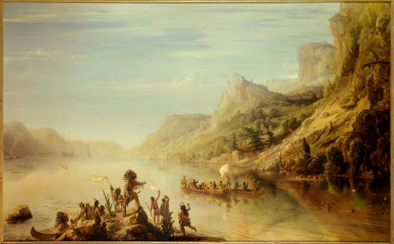 ranskalainen tutkimusmatkailija Jacques Cartier (1491-1557) löysi St. Lawrence-joen Kanadassa ja kiipesi sen vuonna 1535. Jean Antoine Theodore Gudinin (1802-1880) maalaus tekijältä Jean Antoine Theodore Gudin