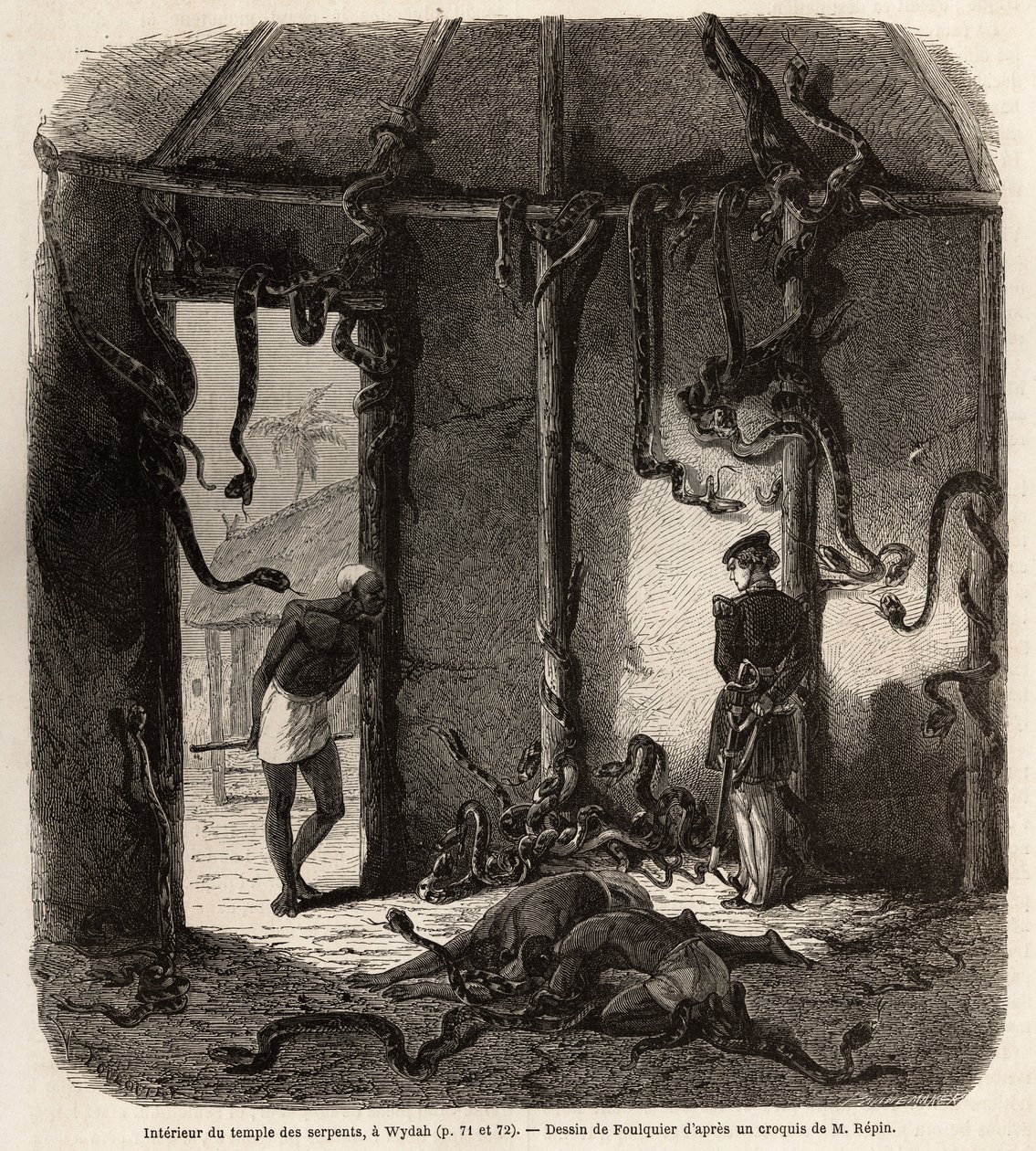 Fetiches-käärmetemppelin sisällä, Wydahissa, Dahomeyssa (nykyinen Benin), Jean Antoine Foulquierin (1822-1896) piirros havainnollistamaan tohtori Repinin matkaa Dahomeyyn vuonna 1860. Kaiverrus "" Le tour du monde" ”, toimittanut Edouard Charton tekijältä Jean Antoine Valentin Foulquier