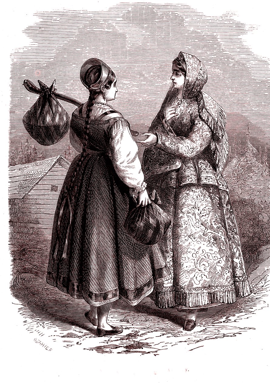 Venäjä. Naiset vuoristossa Valdaiy. 1865 (kaiverrus) tekijältä Jean Antoine Valentin Foulquier