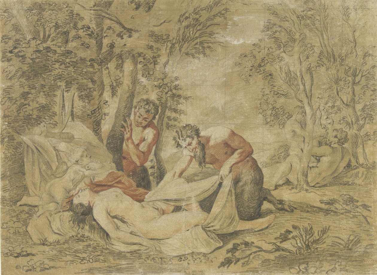 Kaksi satyyriä vakoilee nukkuvaa nymfiä tekijältä Jean Antoine Watteau (rejected attribution)