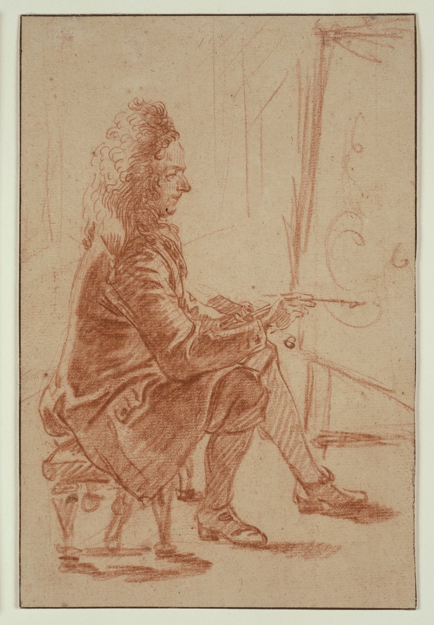 Karvapeitteinen taidemaalari (mahdollisesti Claude Audran), istuu työpöydän ääressä, profiilikuva kuvattuna tekijältä Jean Antoine Watteau