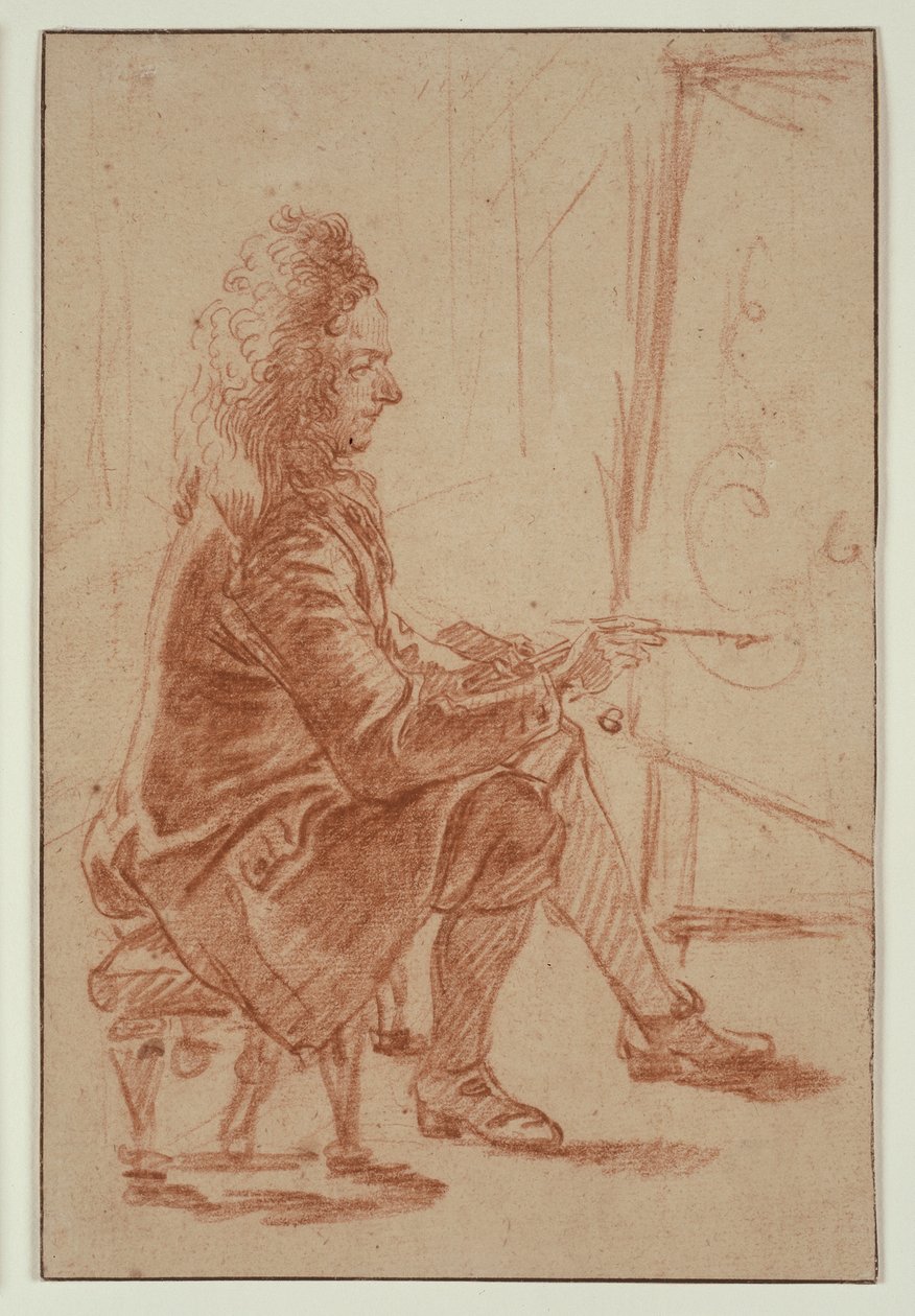 Parrakas maalari (mahdollisesti Claude Audran), noin 1709 (punaliitu härskille paperille, kermanväriselle kartongille). tekijältä Jean Antoine Watteau