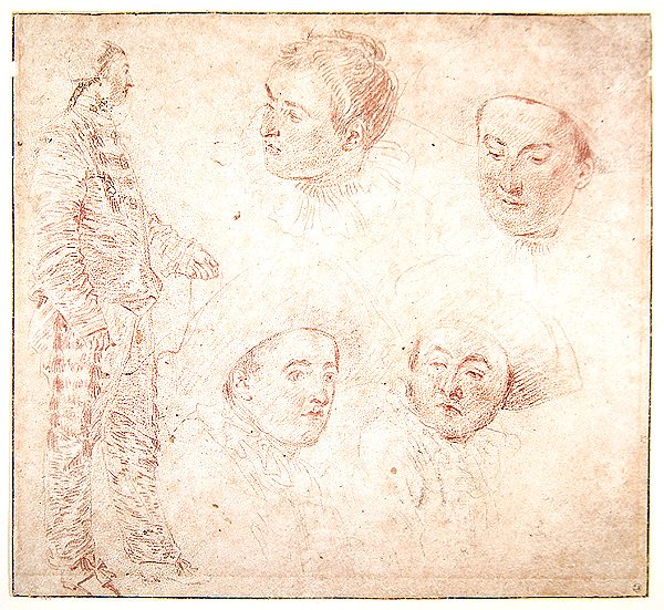 Hahmo ja neljä päätä (punainen liitu paperille) tekijältä Jean Antoine Watteau