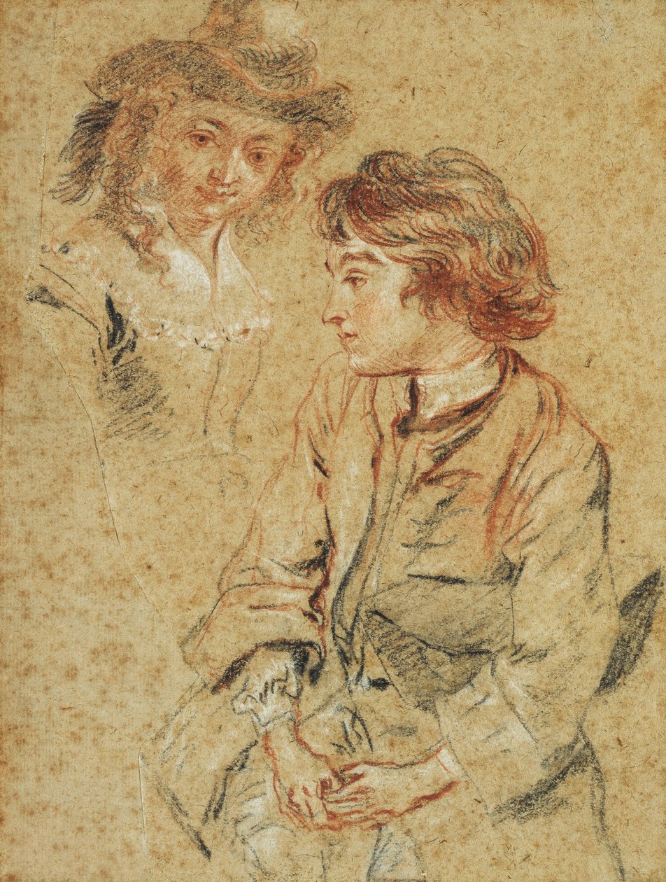 Istuva nuori mies, kolme neljäsosaa, pitelee hattuaan, n. 1717 tekijältä Jean Antoine Watteau