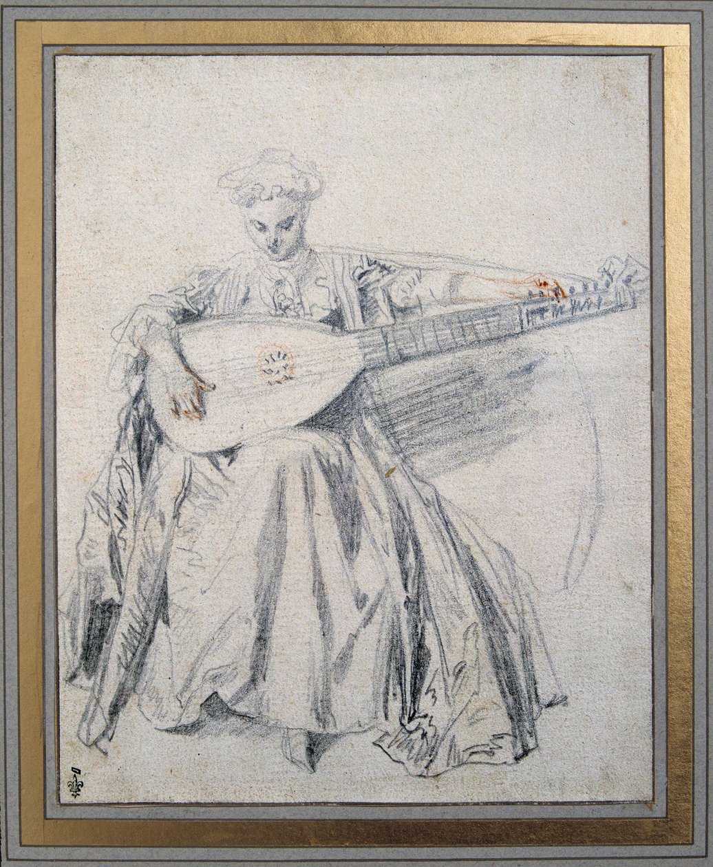 Luutunsoittaja Jean Antoine Watteau (1684-1721) piirtää lyijykaivoksen ja verta 1700-luvun Chantilly-museo Conde tekijältä Jean Antoine Watteau