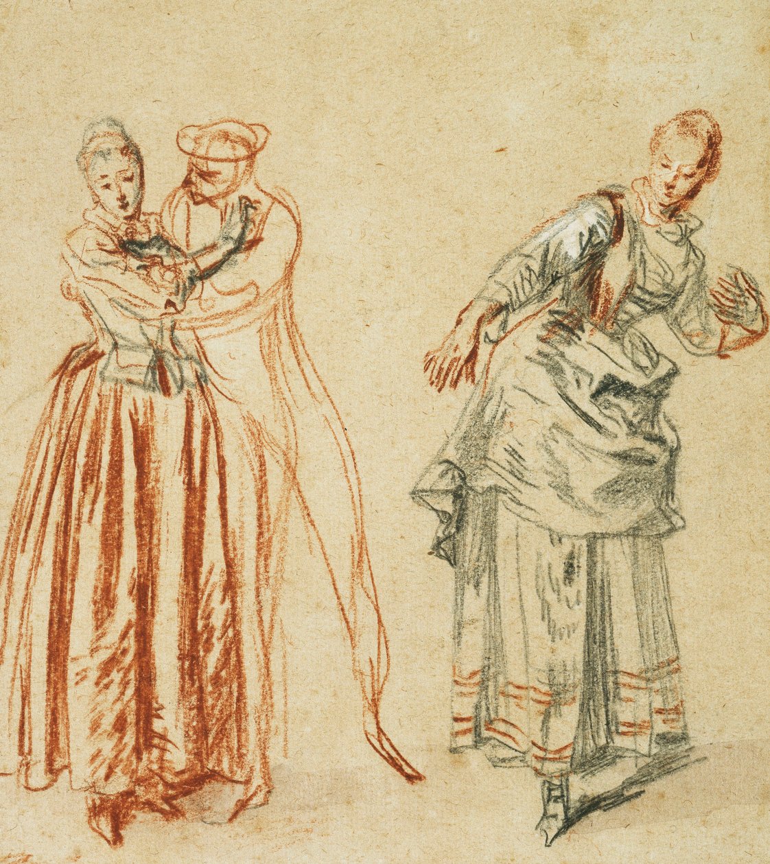 Kohtaus commedia dell"artesta: Tyttö vastustamassa koomikon edistysaskeleita ja näyttelijä toteuttamassa askelta, n. 1718 tekijältä Jean Antoine Watteau