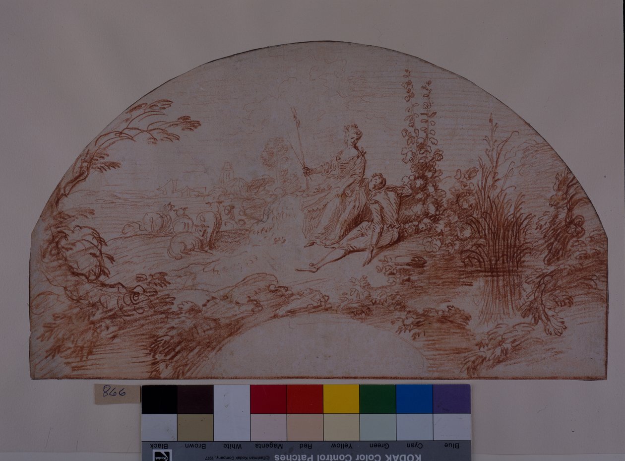 Paimentar, joka istuu sikkunsa kanssa (punainen liitu valkoisella paperilla) tekijältä Jean Antoine Watteau
