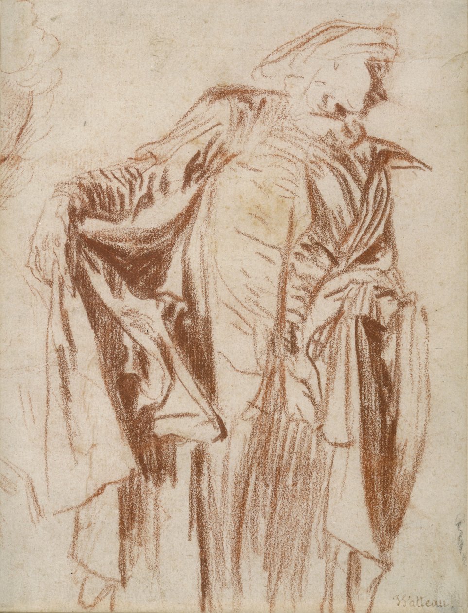 Näyttelijä seisoo pää käännettynä oikealle, c. 1719-1720 tekijältä Jean Antoine Watteau