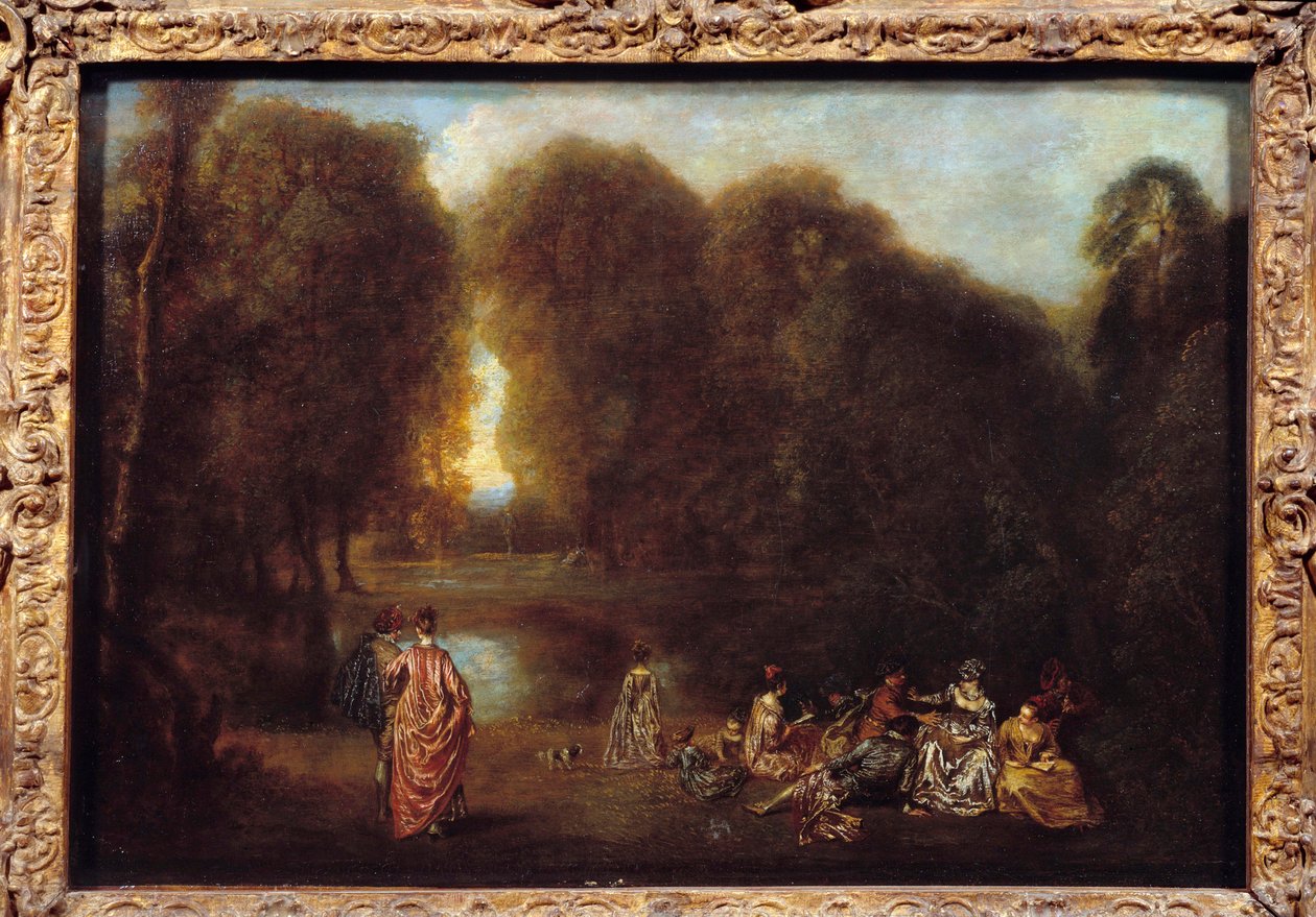 Kokoonpantu puistossa Jean Antoine Watteaun (1684-1721) maalaus tekijältä Jean Antoine Watteau