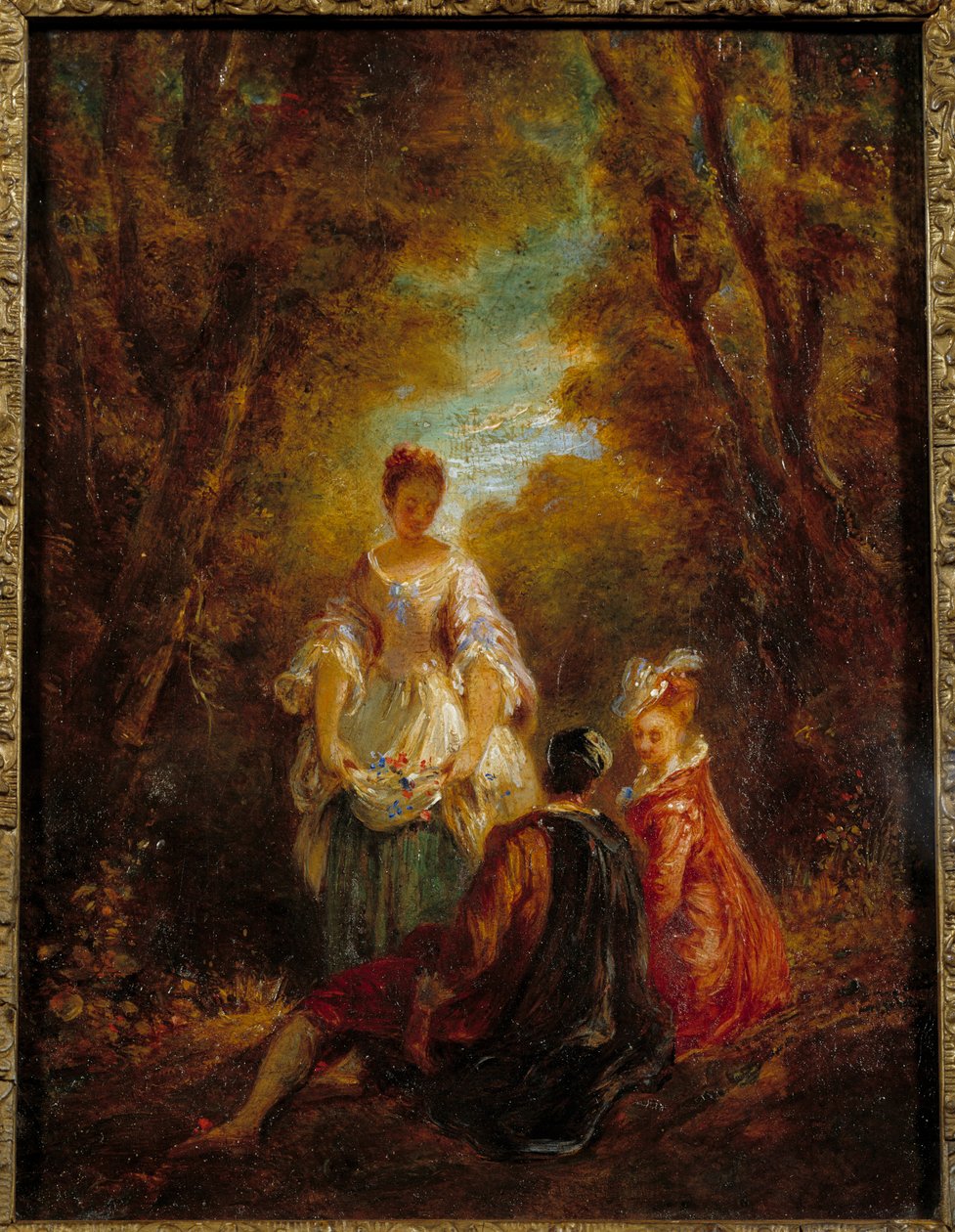 Hahmoja puistossa Jean Antoine Watteaun (1684-1721) maalaus 1700-luku tekijältä Jean Antoine Watteau