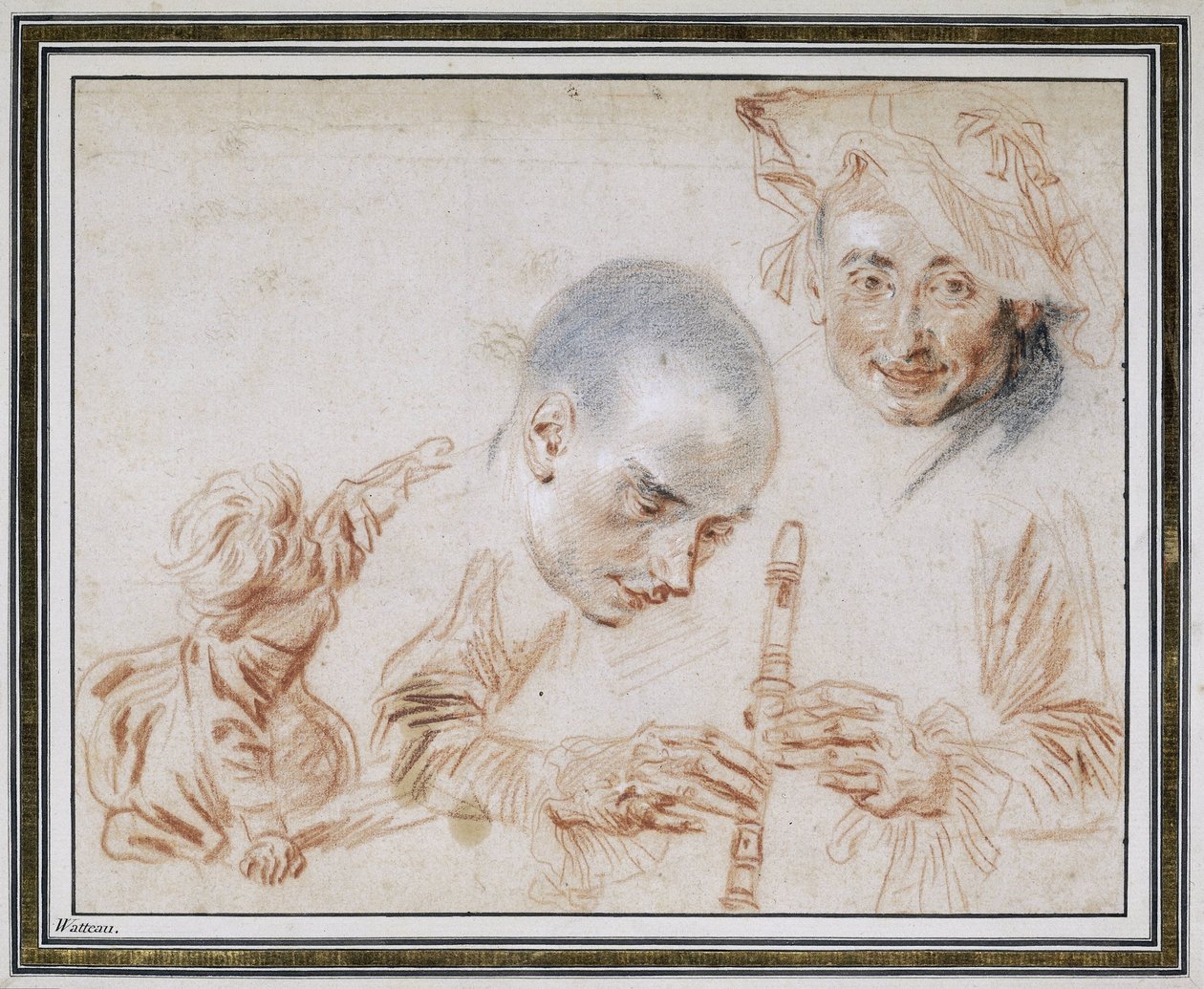 Kyyristyvä lapsi, kaksi urospäätä, yksi baretti yllään, tallennin-soittimen kädet ja kädet tekijältä Jean Antoine Watteau