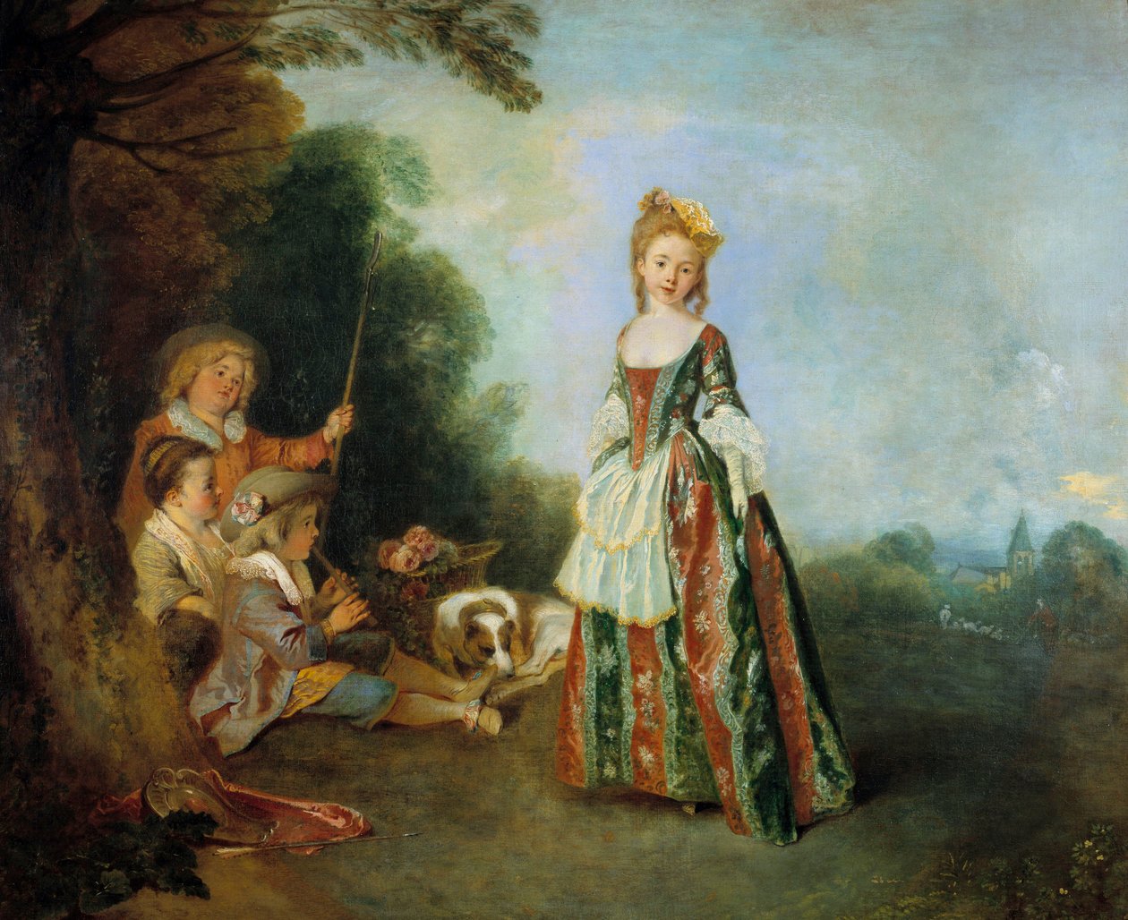 Jean Antoine Watteaun (1684-1721) tanssimaalaus 1716-1718 su. 0,97 x 1,1 m Berliini. Staatliche-museo tekijältä Jean Antoine Watteau
