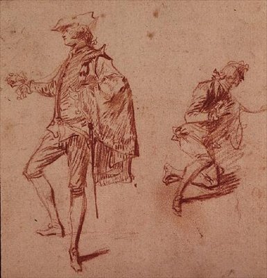 Piirros nuoresta miehestä seisomassa ja toisesta polvistumassa (kynäpaperi) tekijältä Jean Antoine Watteau