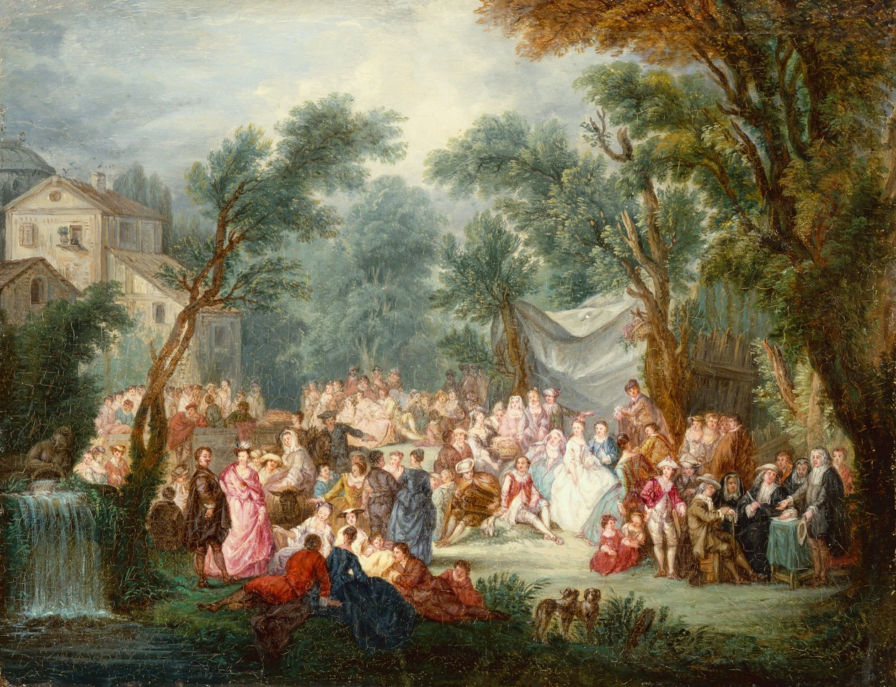 Tyylikäs yritys, ulkona morsiusparin saapuessa (öljy) tekijältä Jean Antoine Watteau