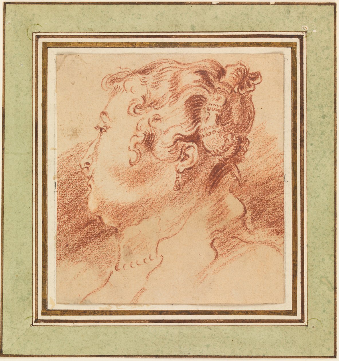 ""Etude de tete de femme"" (Tutkimus naisen päästä) Sanguine de Jean Antoine Watteau (1684-1721) vers 1725 Koko 13,3x12,1 cm Cooper-Hewitt National Design Museum tekijältä Jean Antoine Watteau