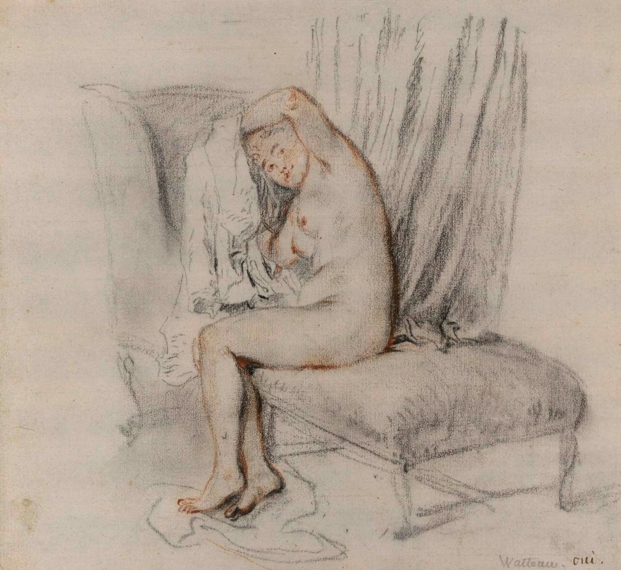 Alaston nainen riisumassa pukuaan, n. 1717. tekijältä Jean Antoine Watteau
