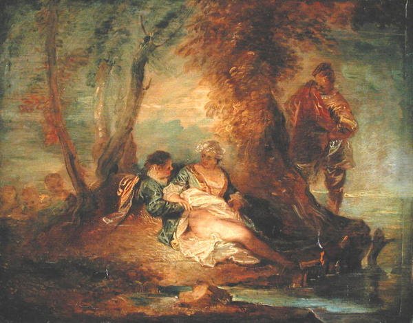 Hahmoja maisemassa, noin 1700 (öljy paneelille). tekijältä Jean Antoine Watteau
