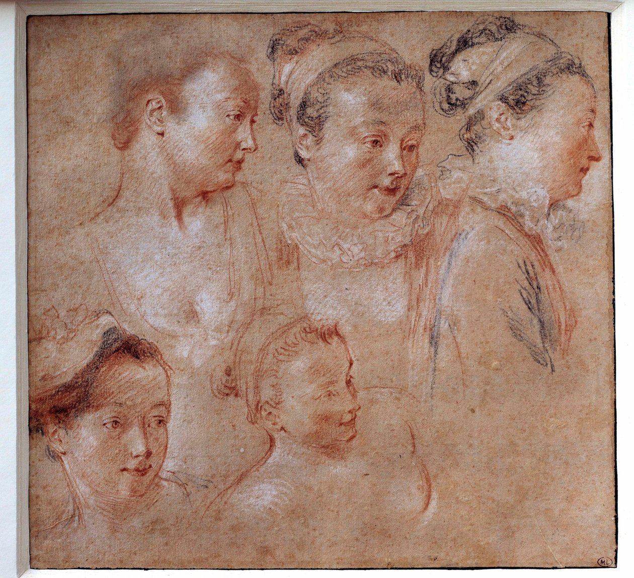 Viisi naisten hiustyyliä Piirustus Jean Antoine Watteau (1684-1721) 1713 Paris, Musee du Louvre tekijältä Jean Antoine Watteau