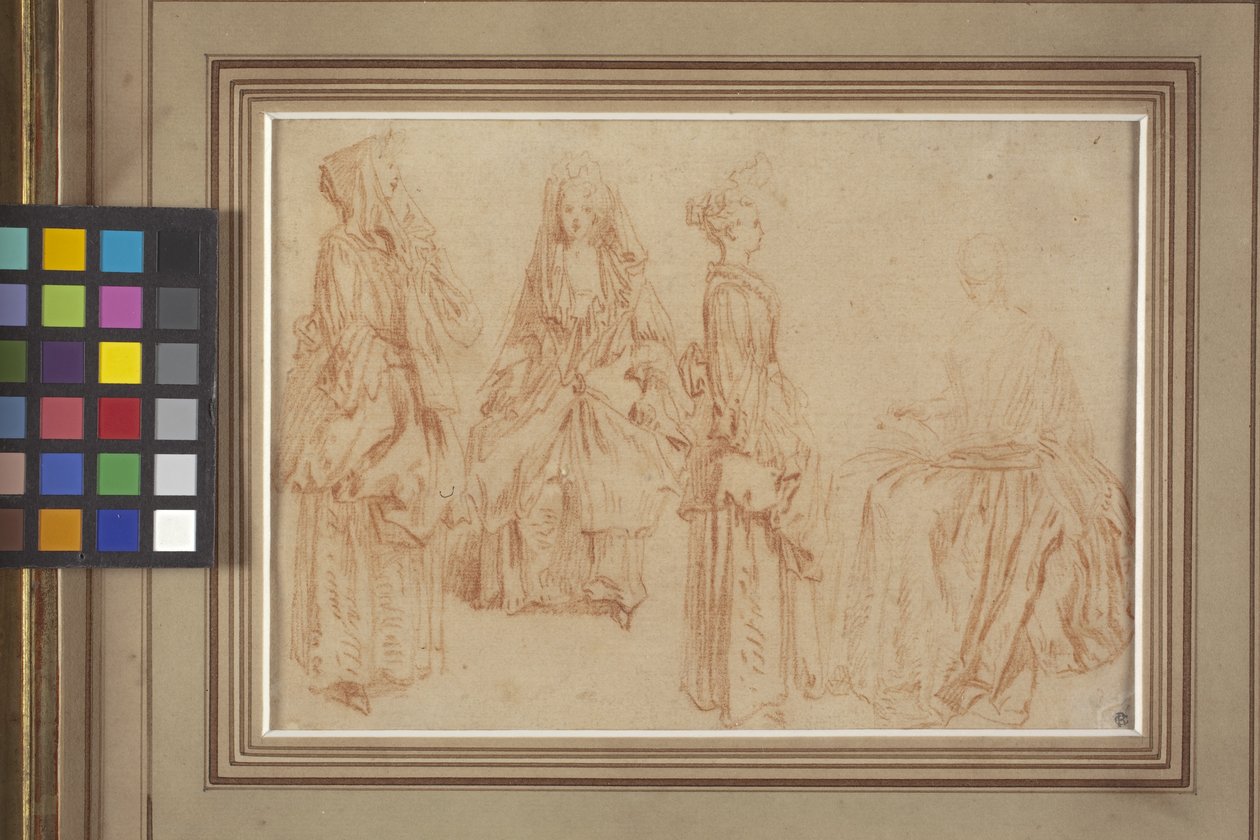 Neljä naista (punainen liitu (sangviini) paperilla) tekijältä Jean Antoine Watteau