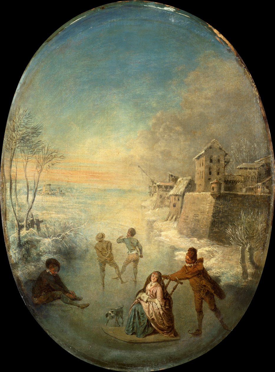 Gentlefolk jäällä muurien ympäröimän kaupungin äärellä talvella (öljy) tekijältä Jean Antoine Watteau