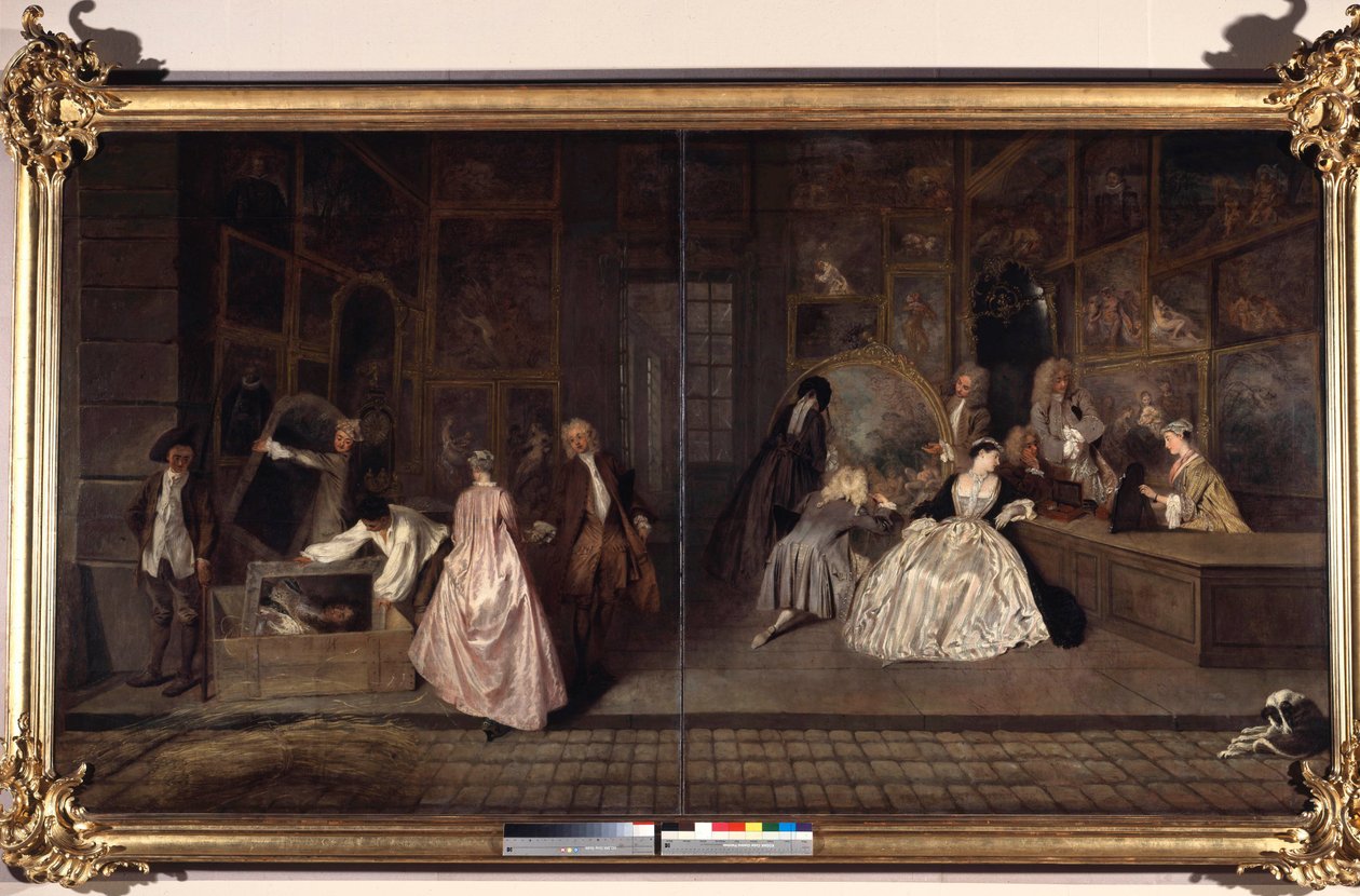 Gersaintin merkki. Edme Francois Gersaint (1694-1750) oli taidekauppias. Jean Antoine Watteaun (1684-1721) maalaus. 1720. Saksa, Berliini, Charlottenburgin linna tekijältä Jean Antoine Watteau