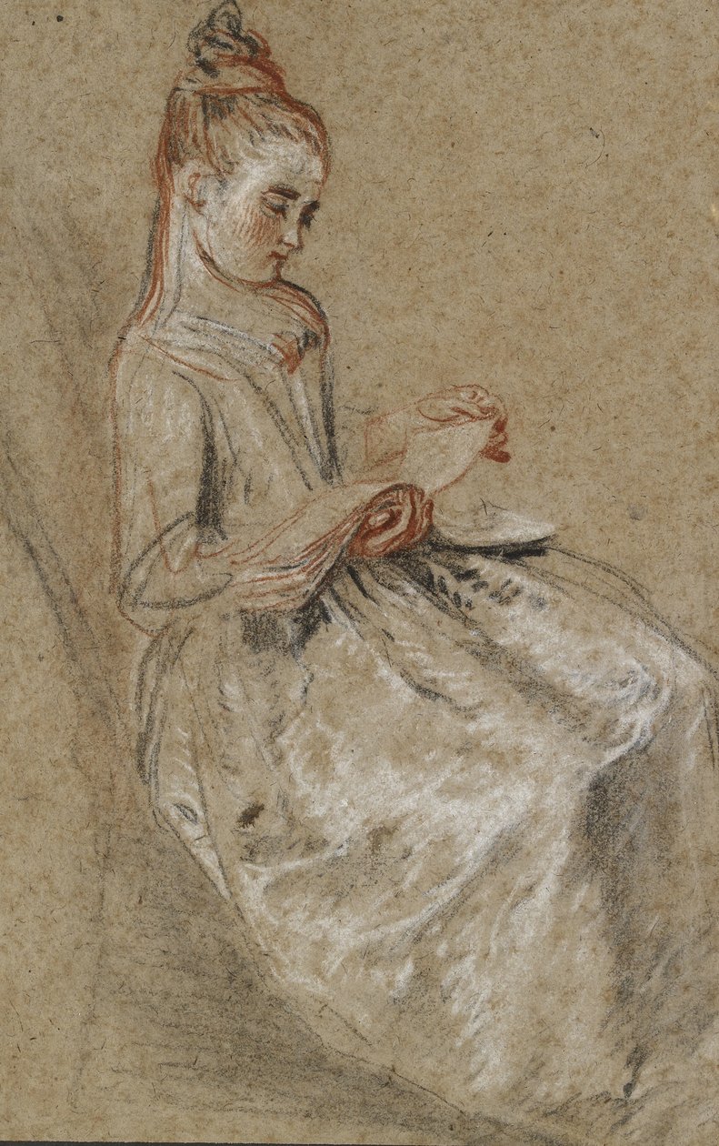 Tyttö istuu nuotinkirja sylissään (mustaa, punaista ja valkoista liitua karkeakuvioiselle ruskealle paperille). tekijältä Jean Antoine Watteau