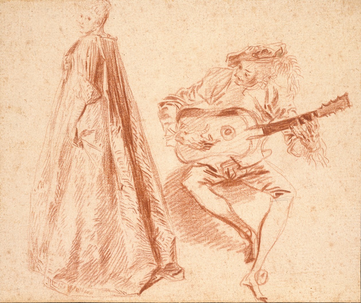 Tyttö seisoo profiilissa vasemmalla, mies soittaa kitaraa, 1700-luvun alku tekijältä Jean Antoine Watteau
