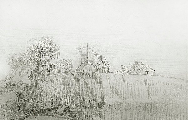 Talo jyrkän kallion reunalla (punainen liitu paperille) tekijältä Jean Antoine Watteau