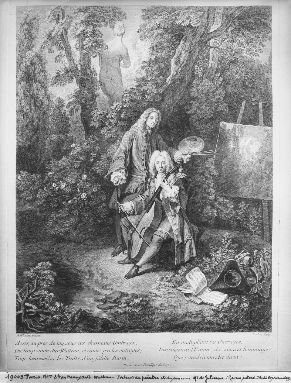 Jean Antoine Watteau ja hänen ystävänsä Monsieur de Julienne, kaiverrus Nicolas Henri Tardieu (1674-1749) tekijältä Jean Antoine Watteau