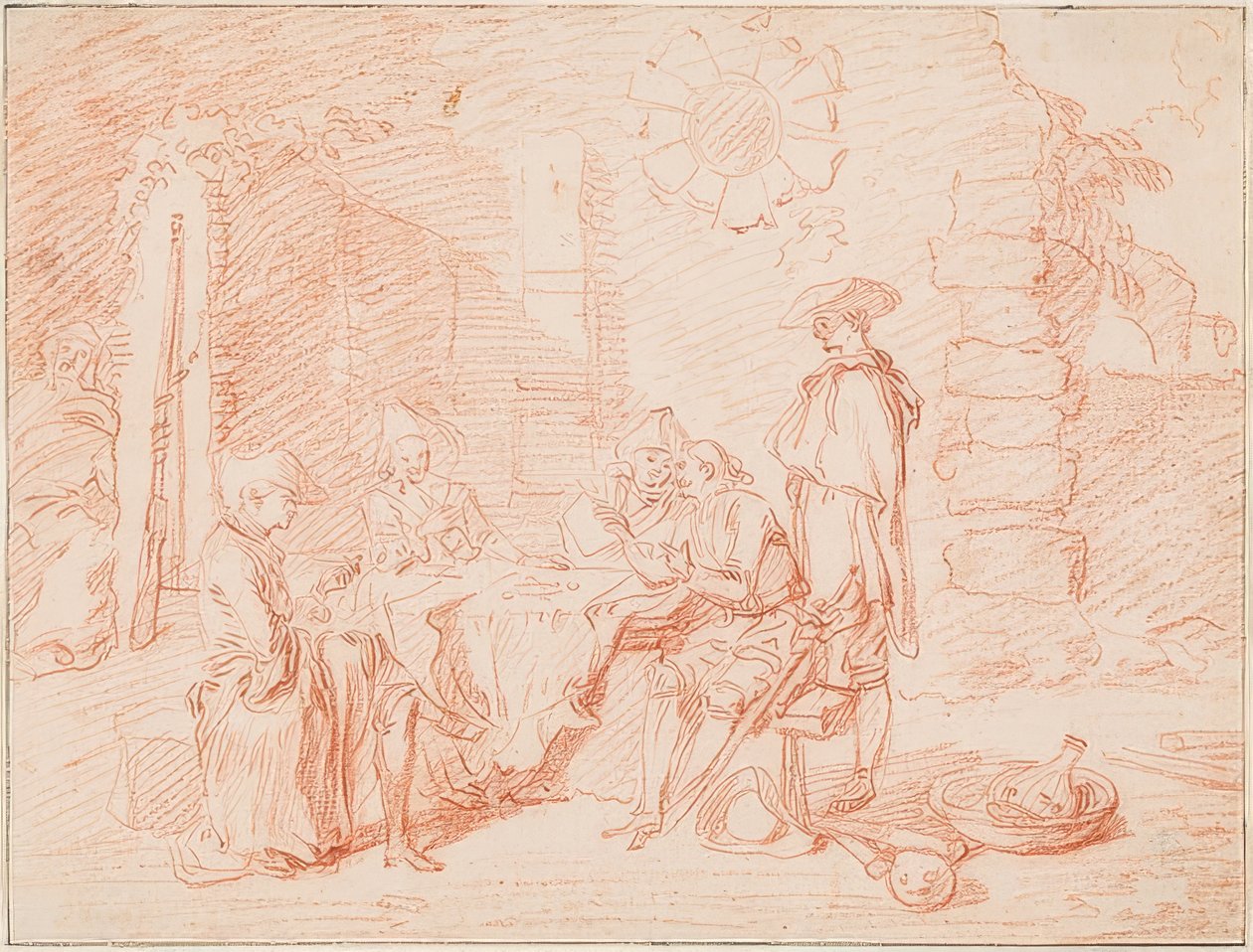 Sotilaat pelaavat korttia seinän edessä. 1709/10 tekijältä Jean Antoine Watteau