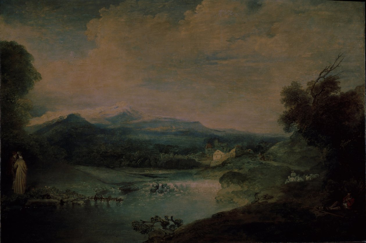 Maisema ja vesiputous, noin 1714 tekijältä Jean Antoine Watteau
