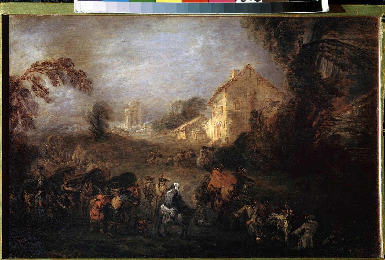 Sodan taakka. Jean Antoine Watteaun (1684-1721) maalaus. Öljy kuparille, 21,5 x 33,5 cm, noin 1713. Ranskalaista taidetta, rokokootaidetta. Eremitaaši, Pietari. tekijältä Jean Antoine Watteau