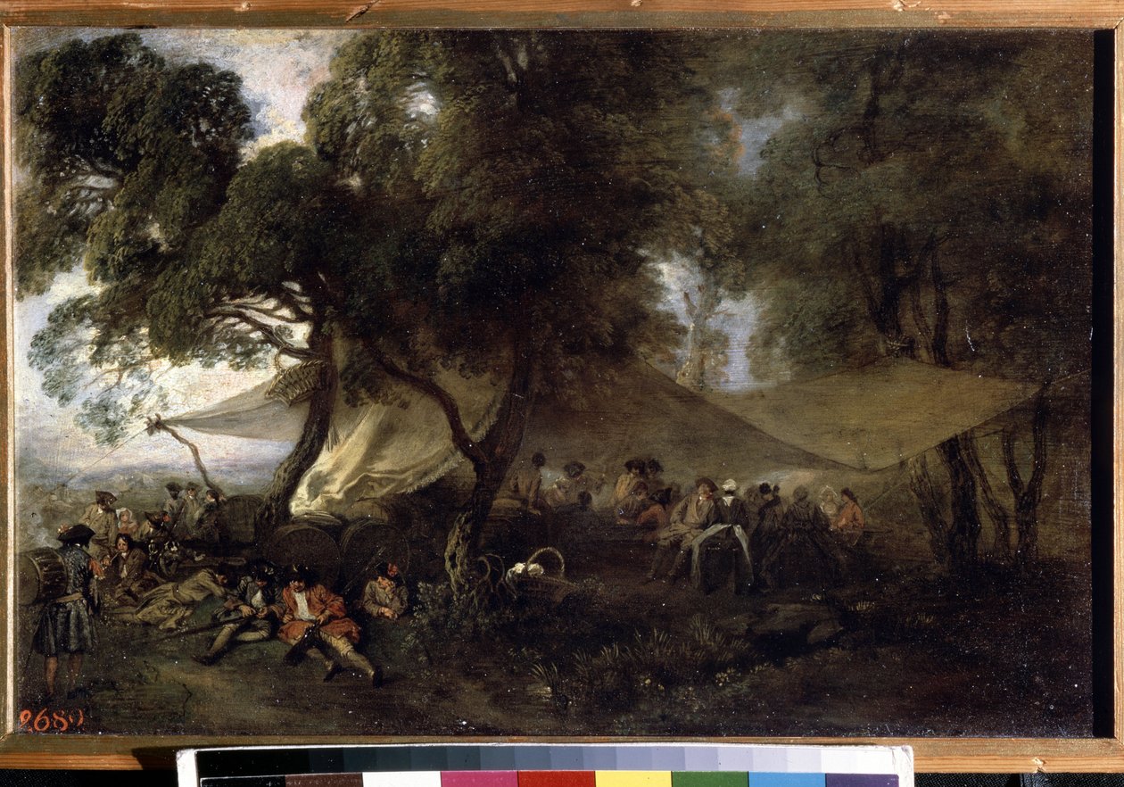 ""Tauko sodasta"". (Respite From War). Jean Antoine Watteaun (1684-1721) maalaus noin 1716. Öljy kuparille. Eremitaaši, Pietari. tekijältä Jean Antoine Watteau