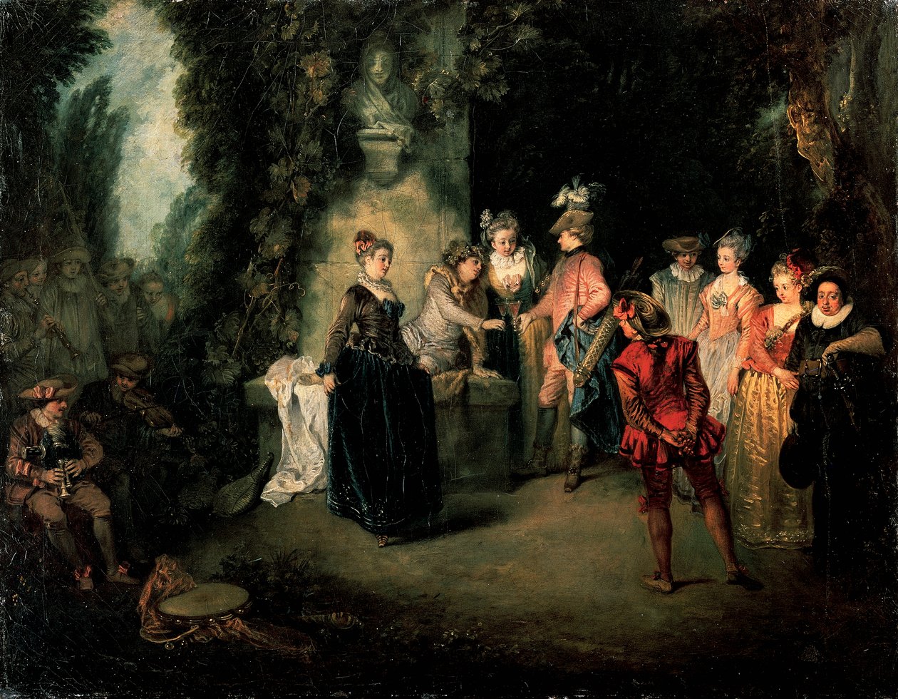 Jean-Antoine Watteaun (1684-1721) rakkaus ranskalaisessa teatterissa, öljy kankaalle, 37x48 cm tekijältä Jean Antoine Watteau