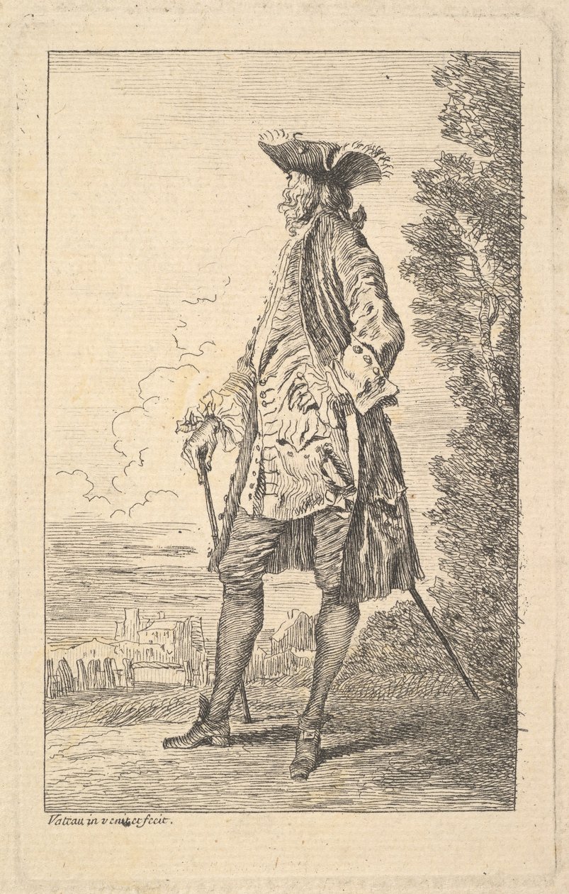 Mies kävelee ja kantaa keppiä oikeassa kädessään, kuvassa kolme neljäsosaa h..., n. 1710. tekijältä Jean Antoine Watteau