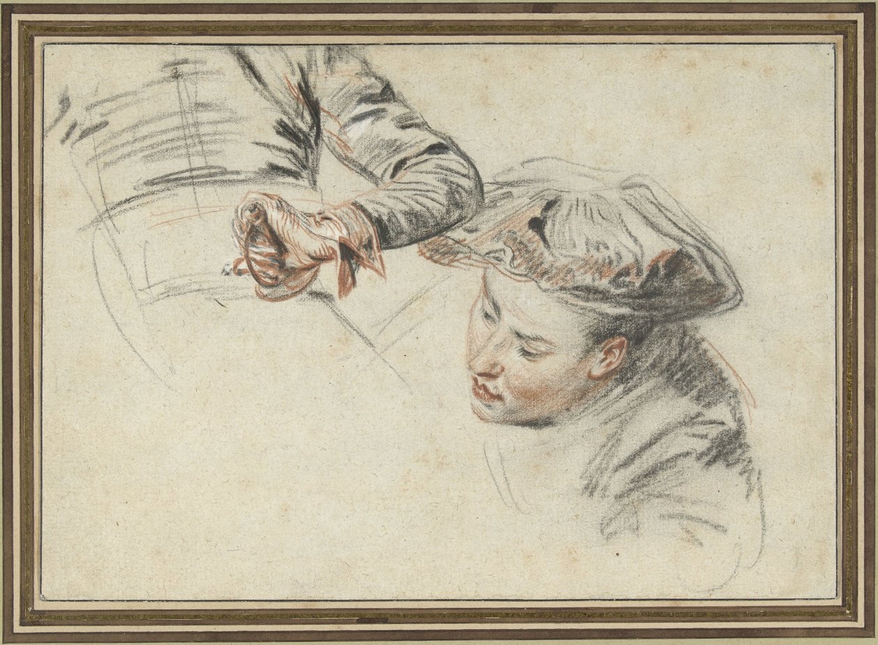 Miehen pää baretilla ja käsi kahvassa tekijältä Jean Antoine Watteau