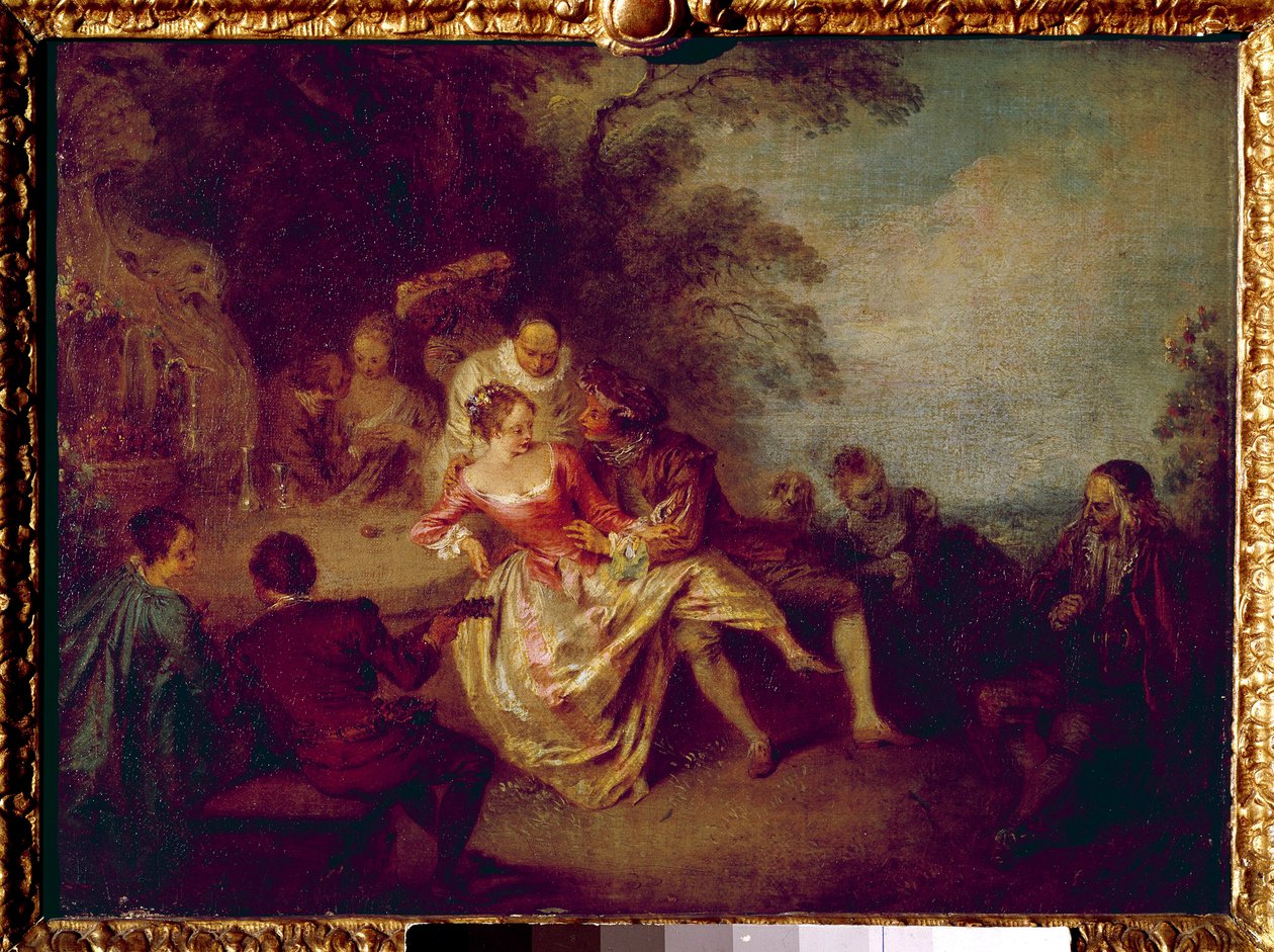 Koomikkojen kokous. Jean Antoine Watteaun (1684-1721) maalaus tekijältä Jean Antoine Watteau