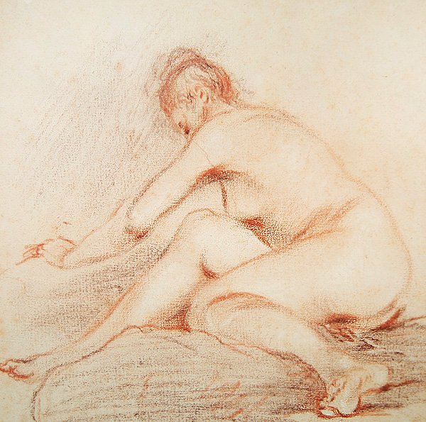 Alaston nainen (hiili ja punainen liitu paperille) tekijältä Jean Antoine Watteau