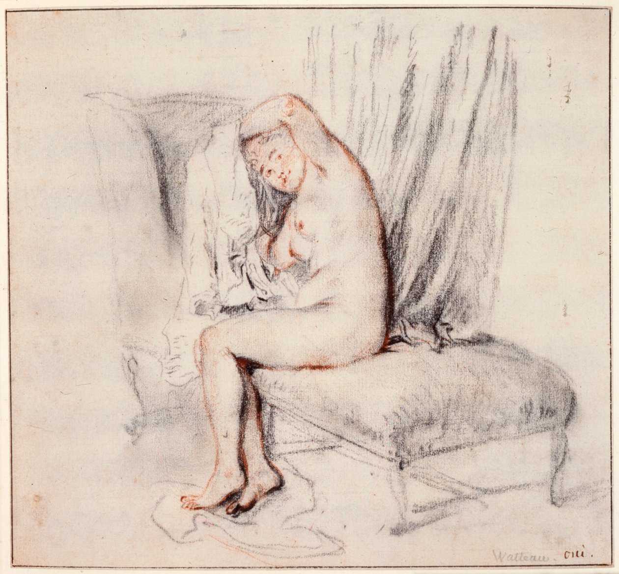 Alaston nainen istumassa lepotuolissa, pukemassa paitaansa, 1700-luku. tekijältä Jean Antoine Watteau