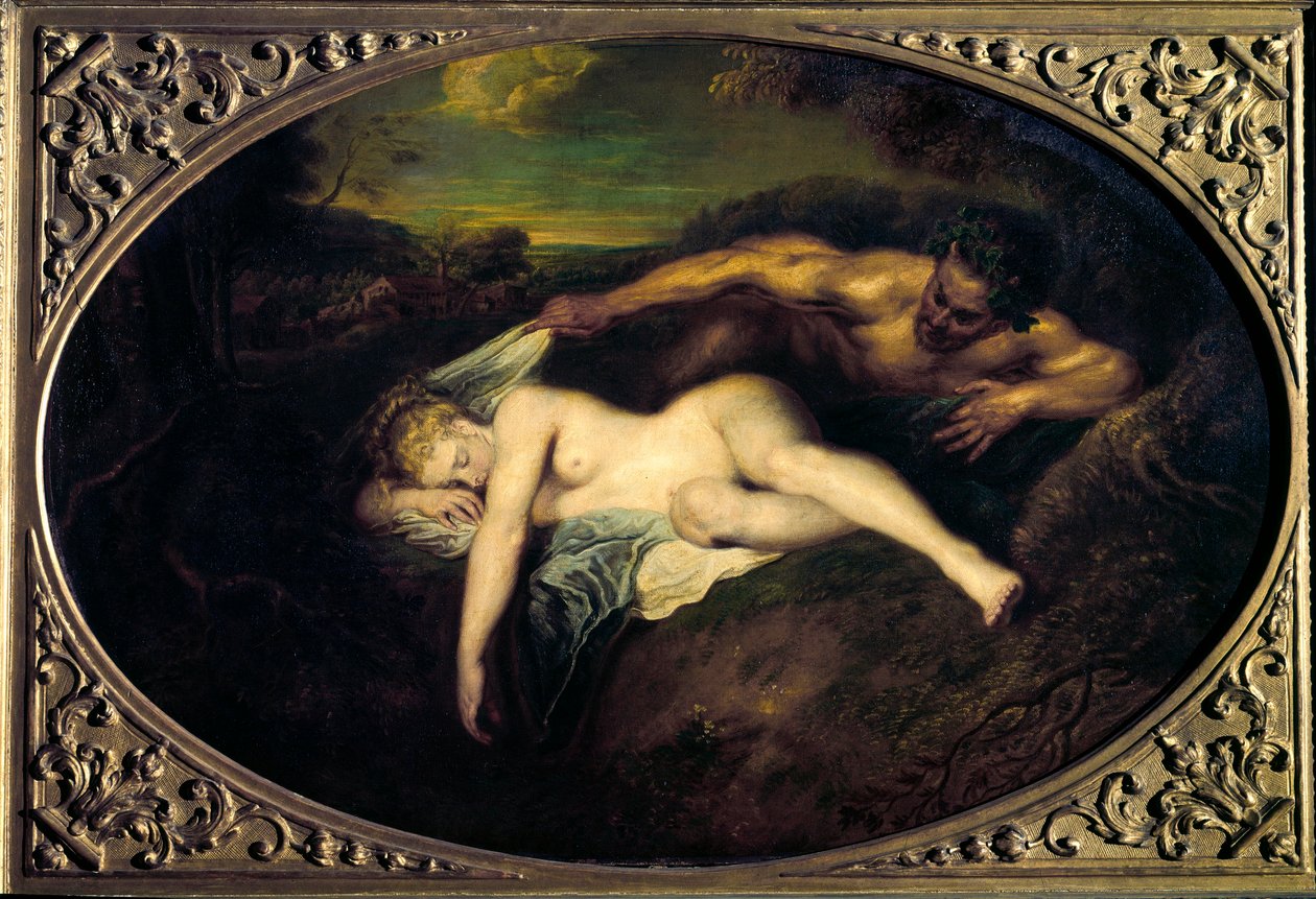 Nymfi ja satyyri eli "Jupiter et Antiope" Jean Antoine Watteaun (1684-1721) maalaus 1700-luvun aurinko. 0,73 x 1,07 m Pariisi, musee du Louvre tekijältä Jean Antoine Watteau
