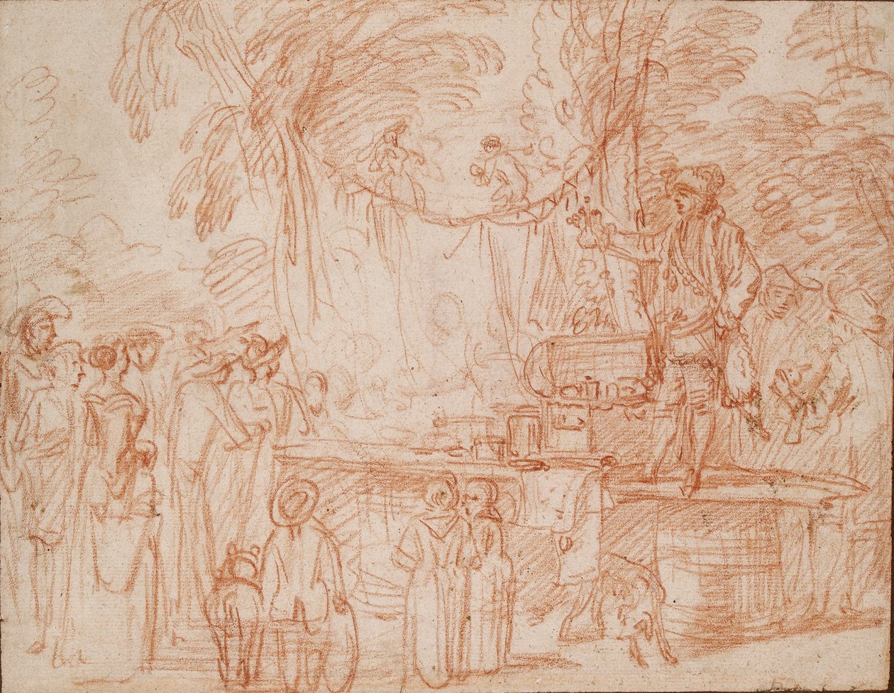 Quack Doctor myy tavaraansa ulkoilmassa, c1700-1720 tekijältä Jean Antoine Watteau