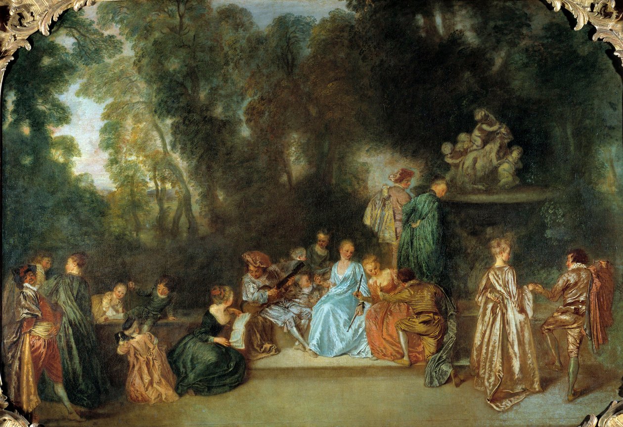 Recreation galante Jean Antoine Watteaun (1684-1721) maalaus 1700-luvun Berliini, Dahlem-museo tekijältä Jean Antoine Watteau