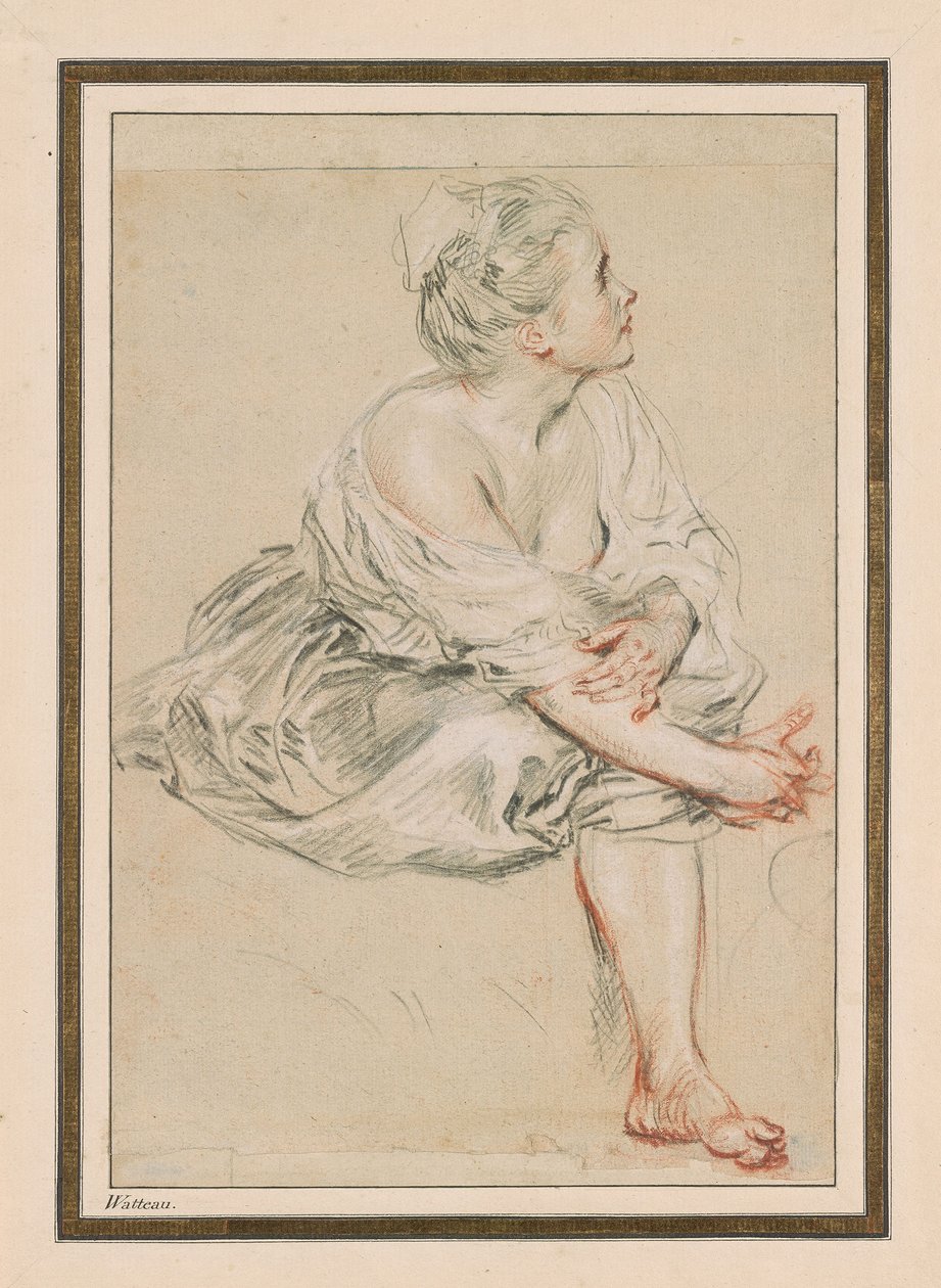 Istuva nuori nainen, n. 1716 (musta, punainen ja valkoinen liitu paperille) tekijältä Jean Antoine Watteau