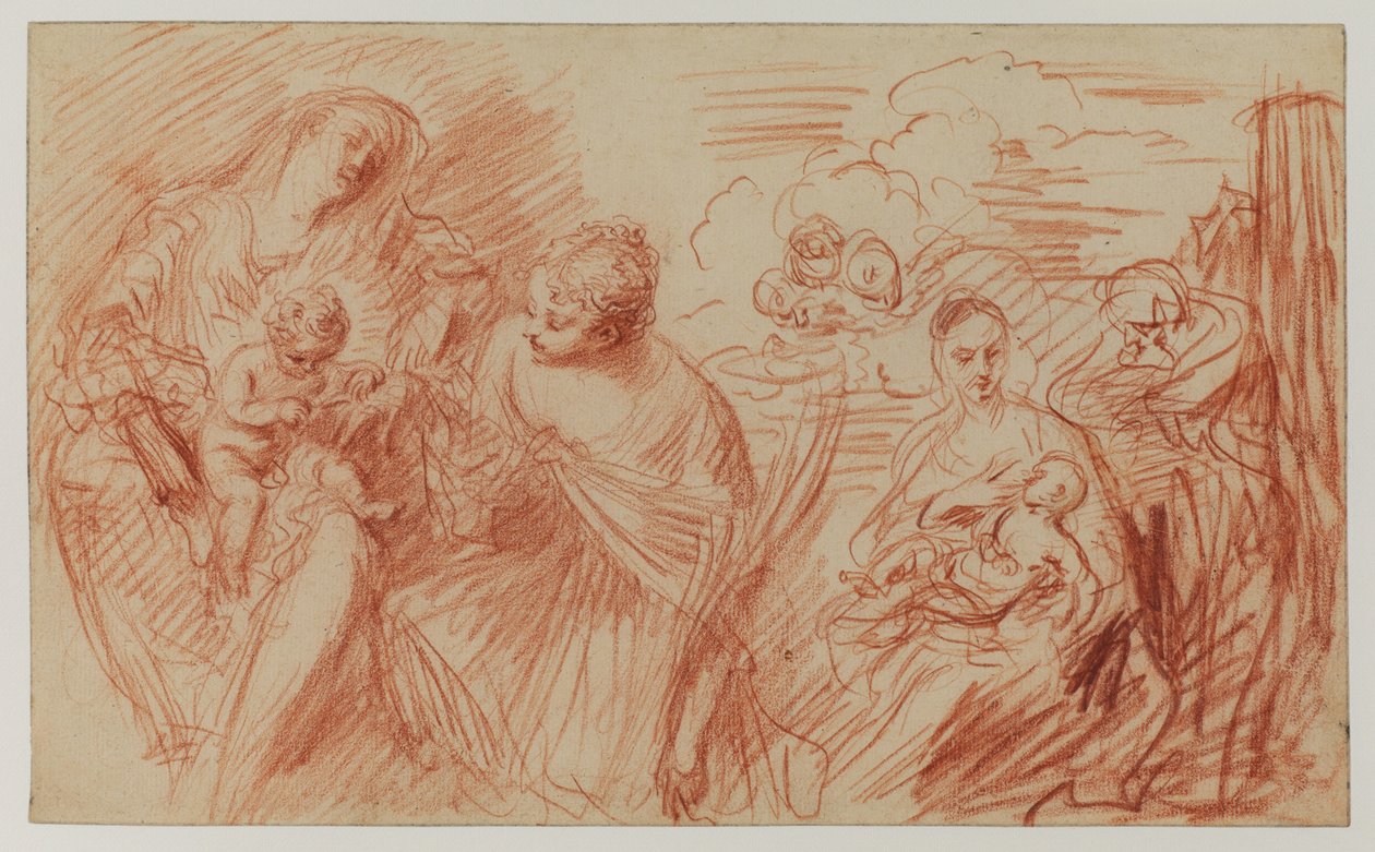 Opintolehti vanhojen mestareiden jälkeen (punainen liitu paperille) tekijältä Jean Antoine Watteau